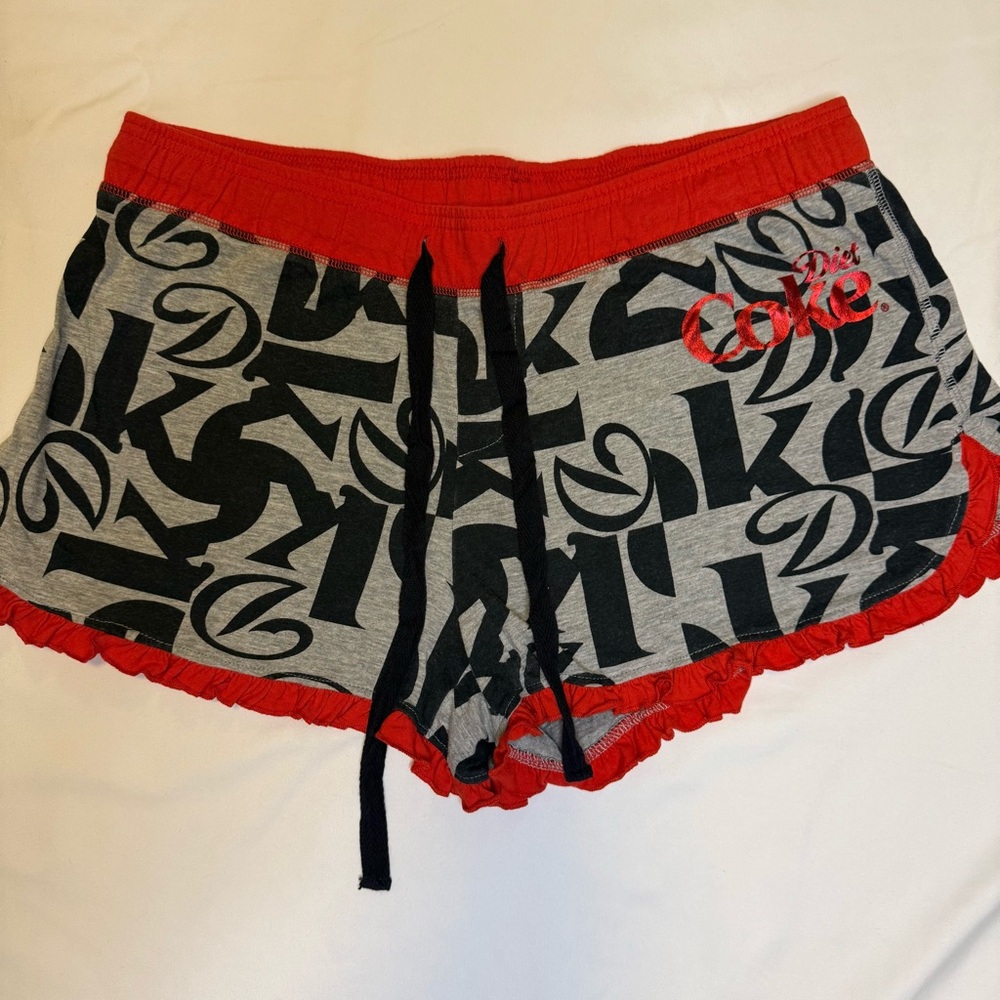 Coca-Cola Diet Coke Women's XL Sleep Shorts Gray Red Logo Drawstring Ruffle